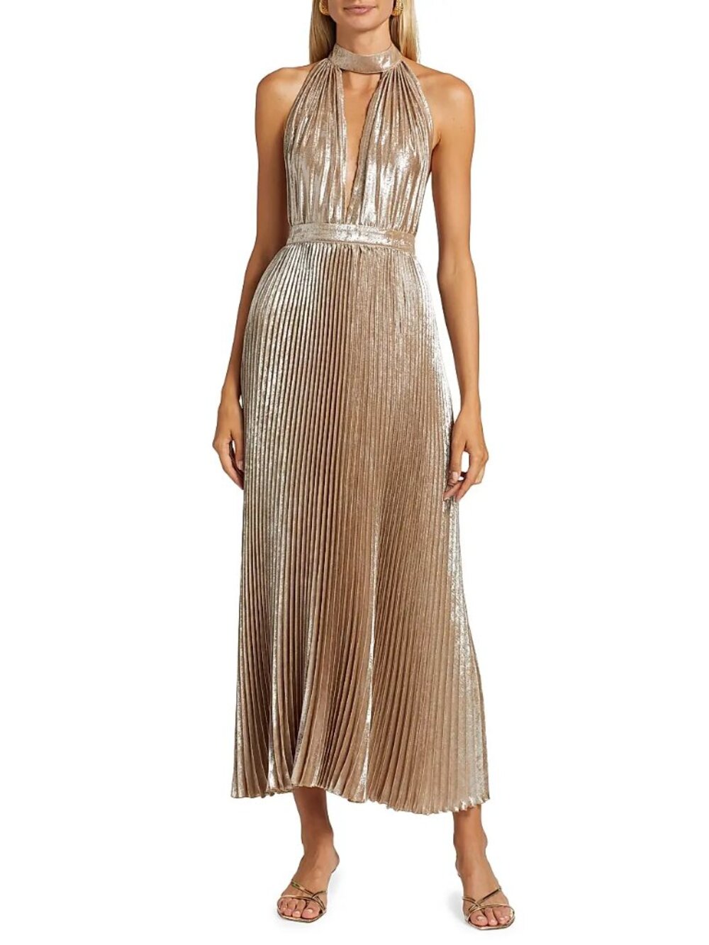 L'Idee Chateau Metallic Pleated Halterneck Gown